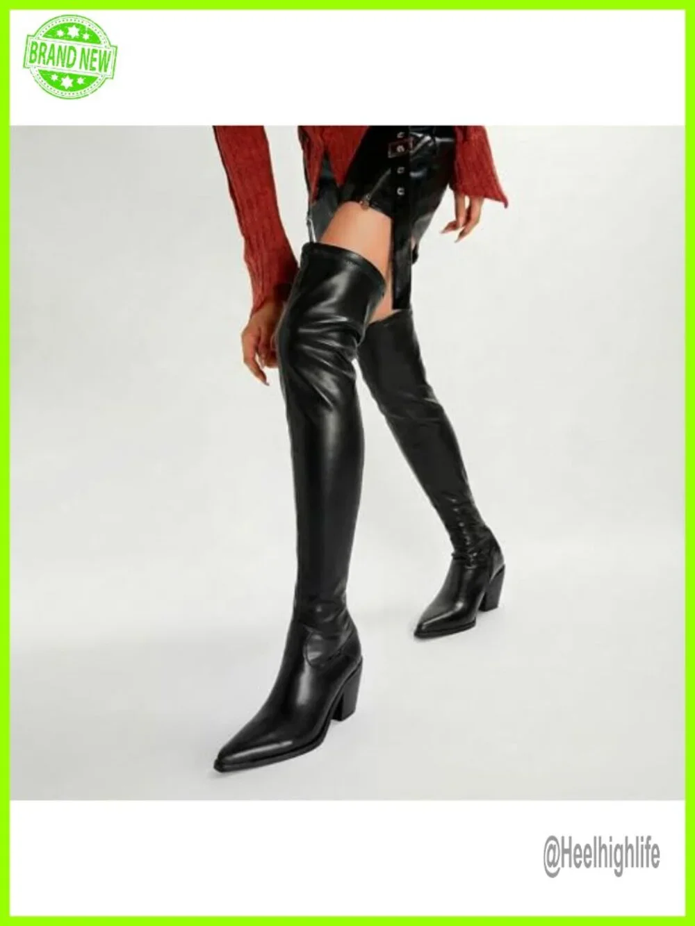 Stretch PU Leather Over-the-Knee Boots Block Heel Pointed Toe Zip Closure